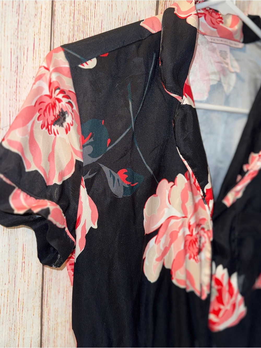 VICTORIA'S SECRET Intimates Black Satin Pink Floral Romper Tie Elastic Waist XS - Picture 6 of 13